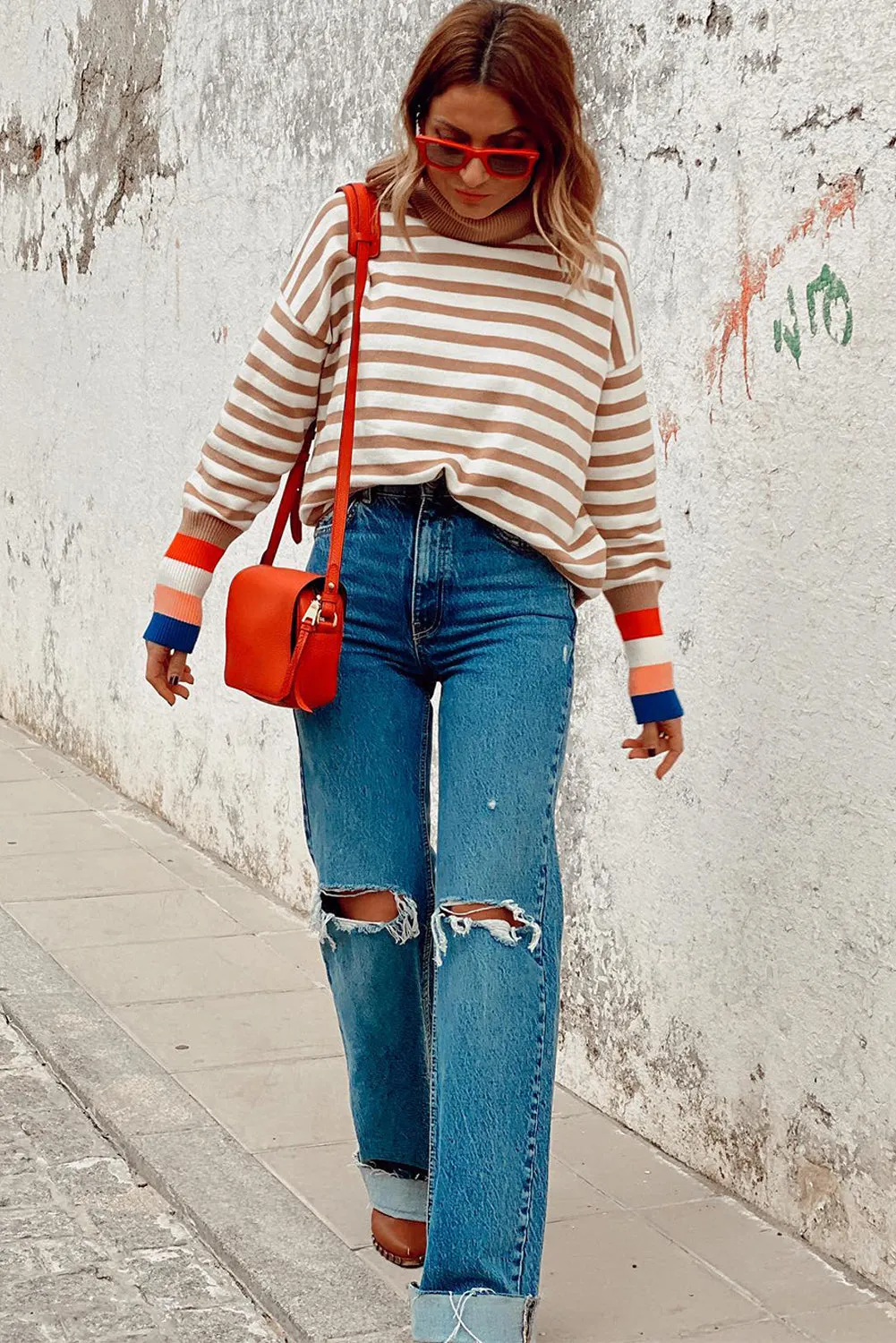 Brown Stripe Bishop Sleeve Turtleneck Sweater