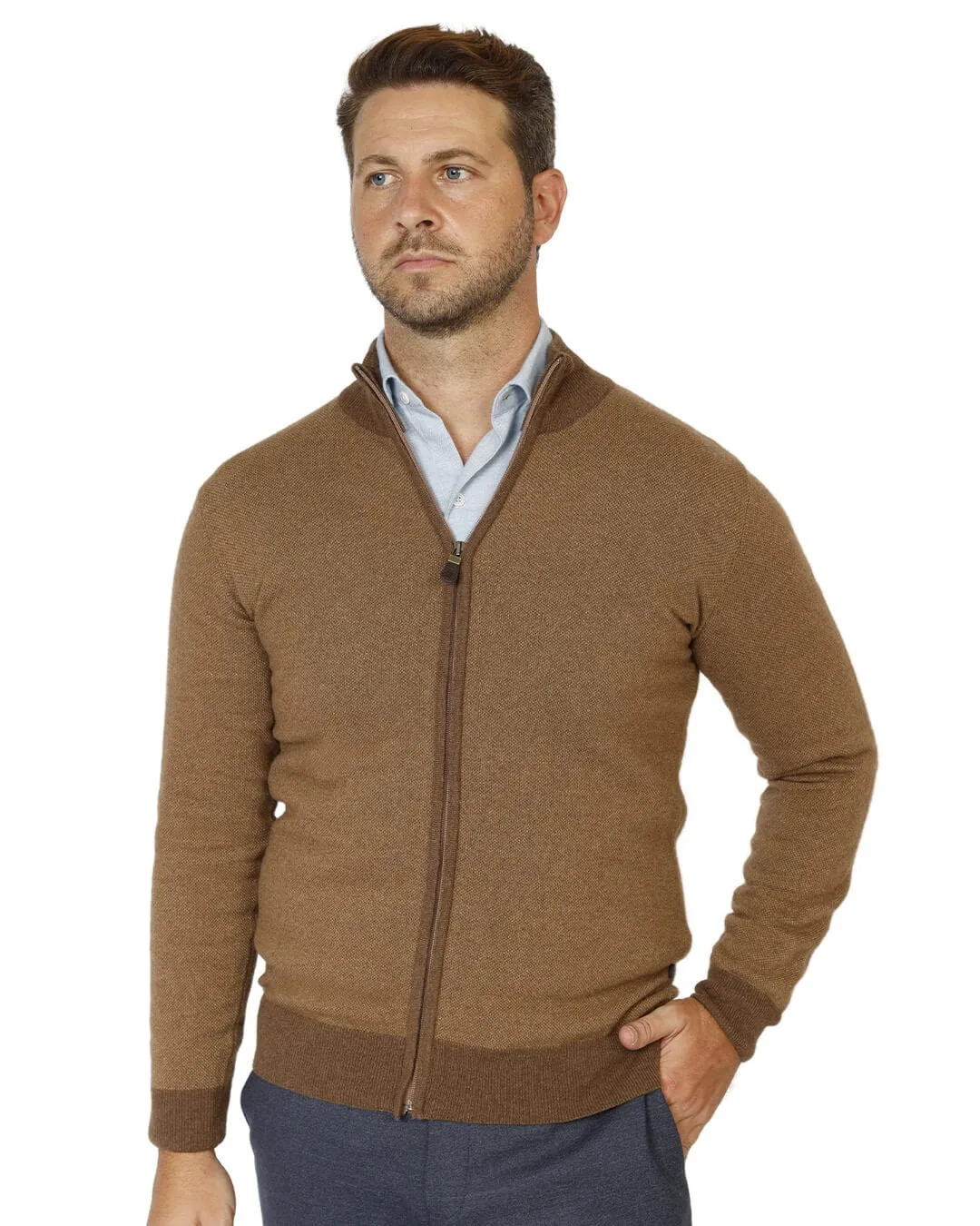 Brown Wool Cashmere Blend Full Zip Cardigan