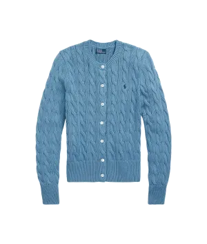 Cable-knit Cotton Crewneck Cardigan - Blue