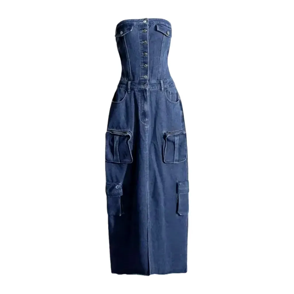 Cargo pockets boho maxi denim dress