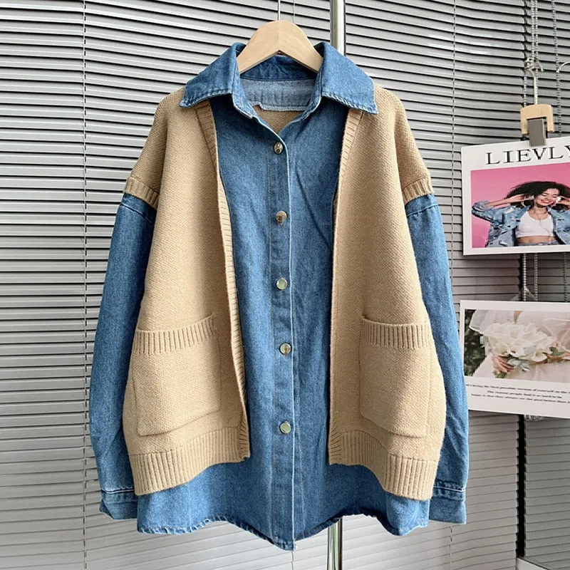 Casual Patchwork Denim Jacket For Women Lapel Long Sleeve Colorblock Streetwear Jackets Female Autumn Clothing