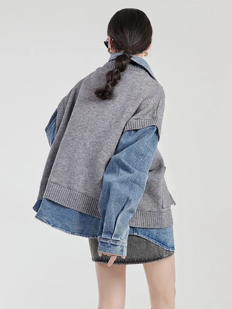 Casual Patchwork Denim Jacket For Women Lapel Long Sleeve Colorblock Streetwear Jackets Female Autumn Clothing