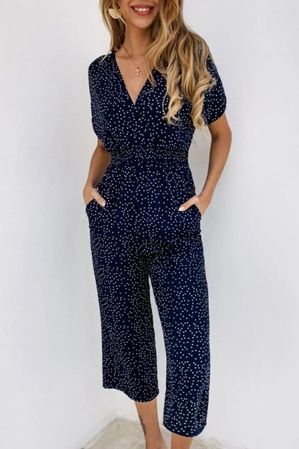 Casual Printed V-neck Pocket Jumpsuit