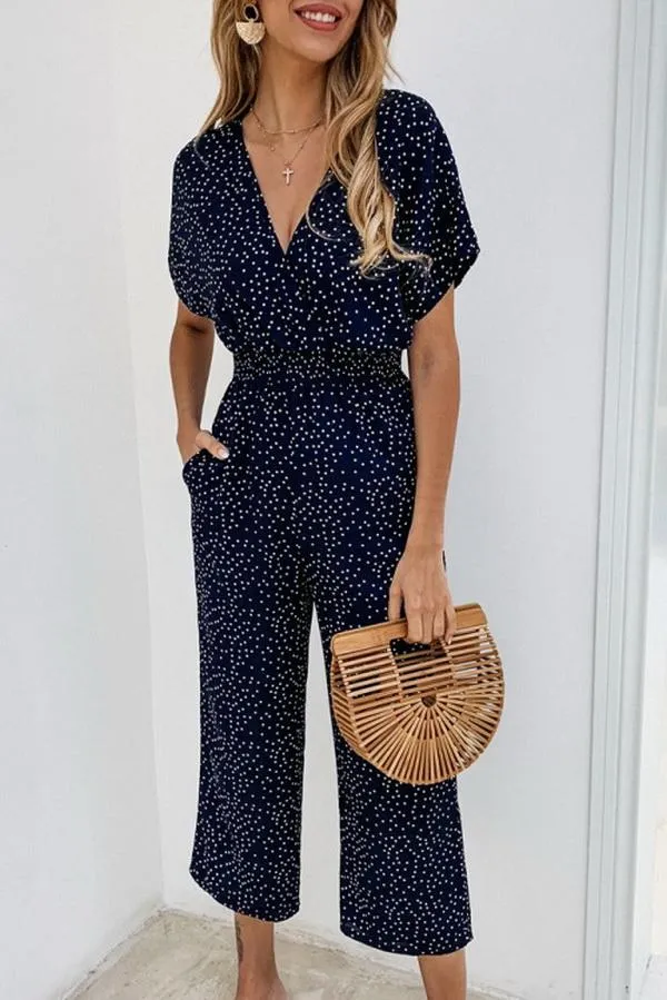 Casual Printed V-neck Pocket Jumpsuit