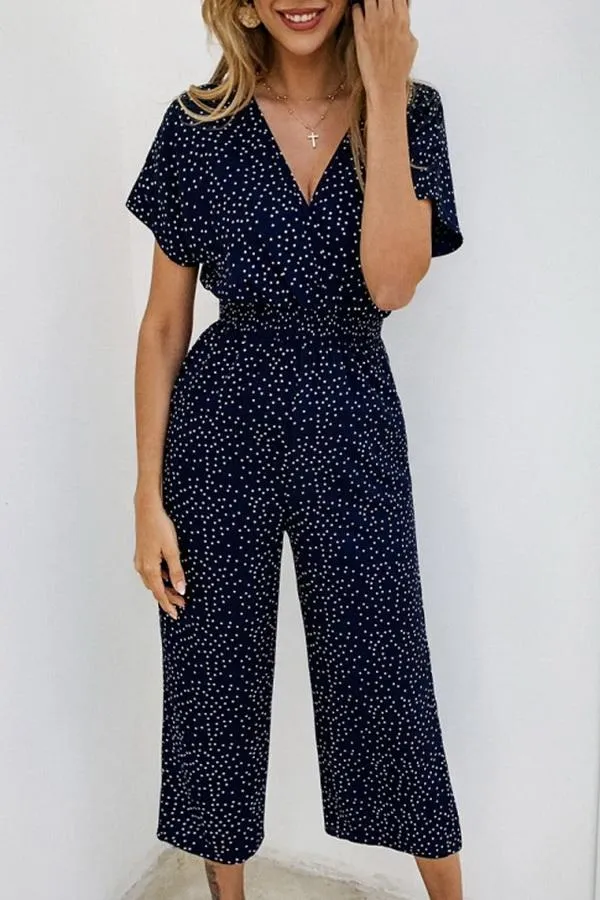 Casual Printed V-neck Pocket Jumpsuit