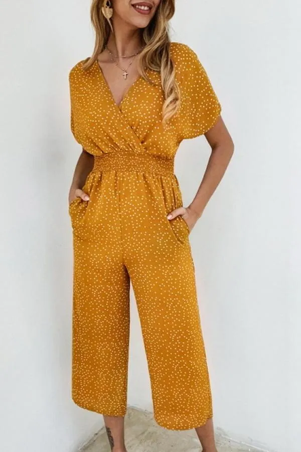 Casual Printed V-neck Pocket Jumpsuit