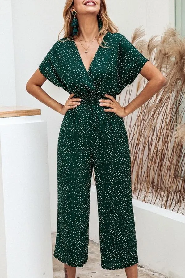 Casual Printed V-neck Pocket Jumpsuit