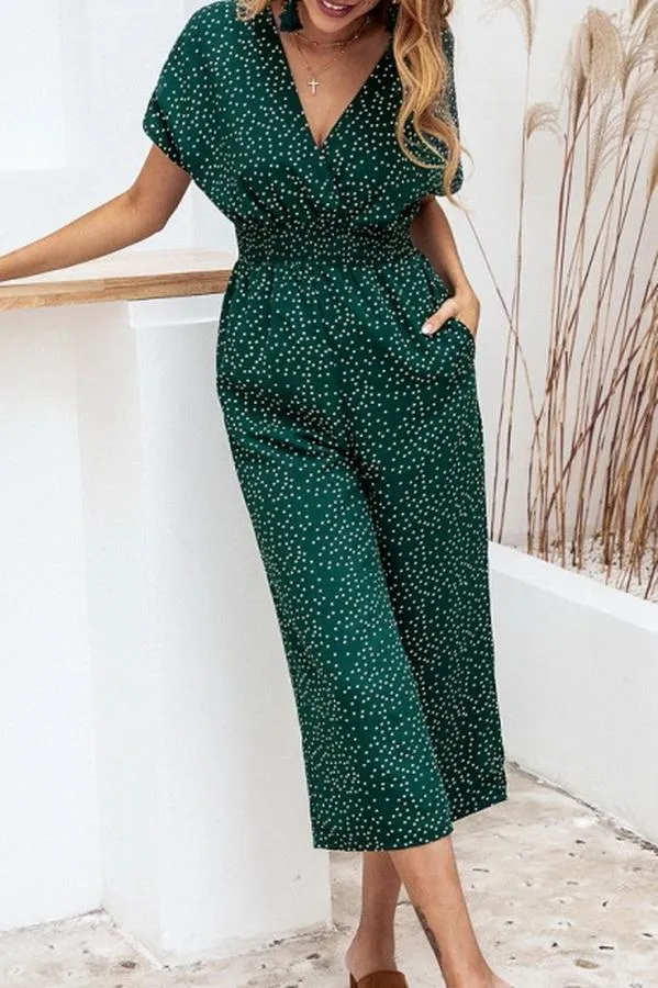 Casual Printed V-neck Pocket Jumpsuit