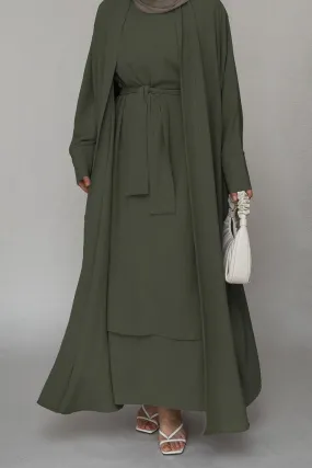 Cesta three piece abaya set with ling sleeve slip dress throw over and a belt in green