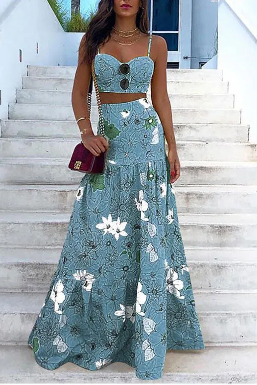 Chic Green Print Sleeveless Two Piece Dresses