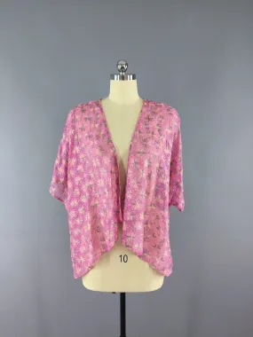 Chiffon Kimono Cardigan / Vintage Indian Silk Sari / Pink Embroidered Stars