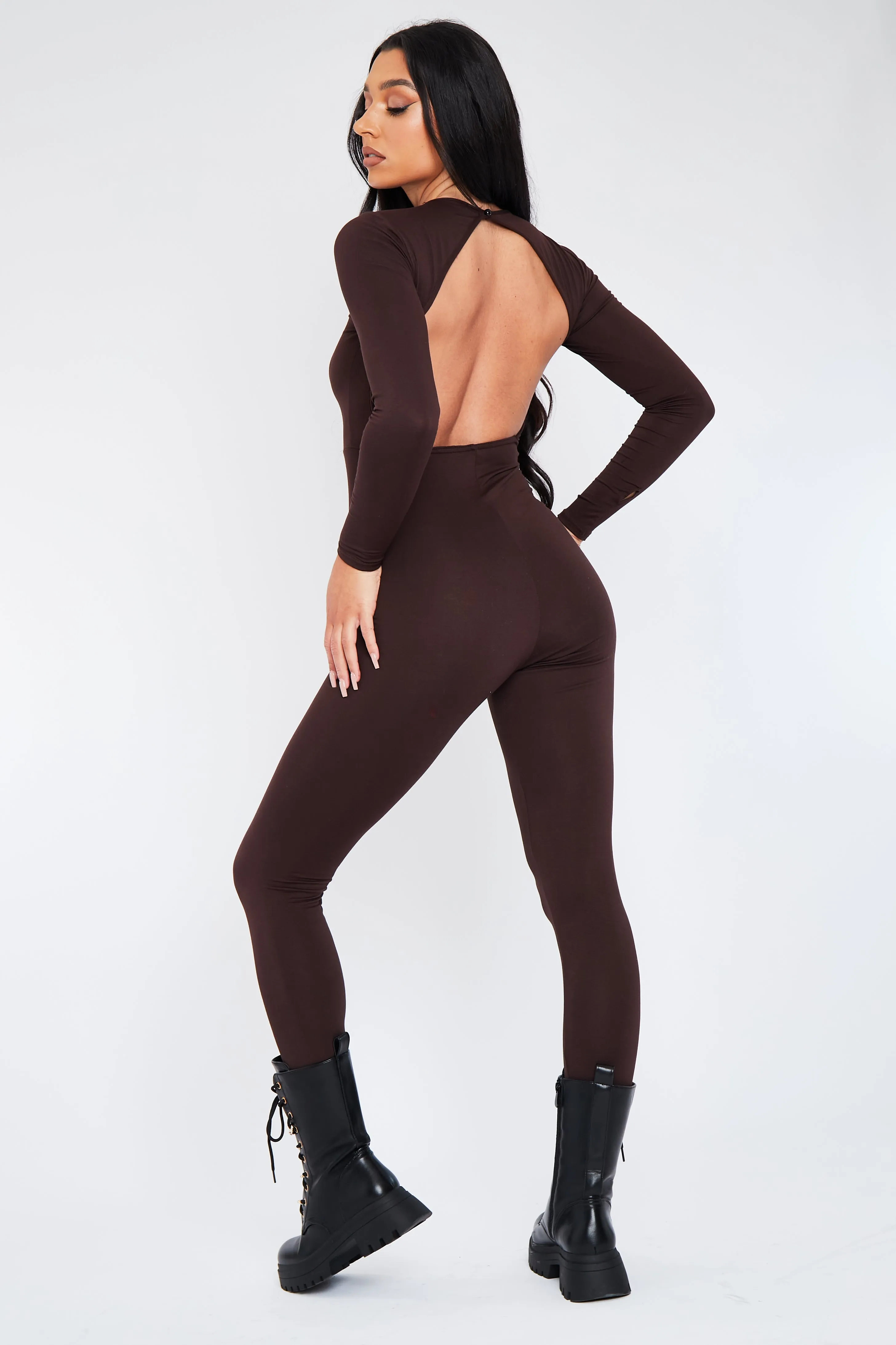 Chocolate Open Back Jersey Jumpsuit - Danica