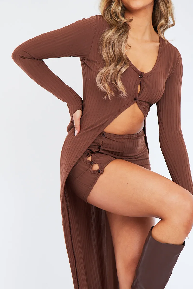 Chocolate Rib Maxi Cardigan & Shorts Set - Charmaine