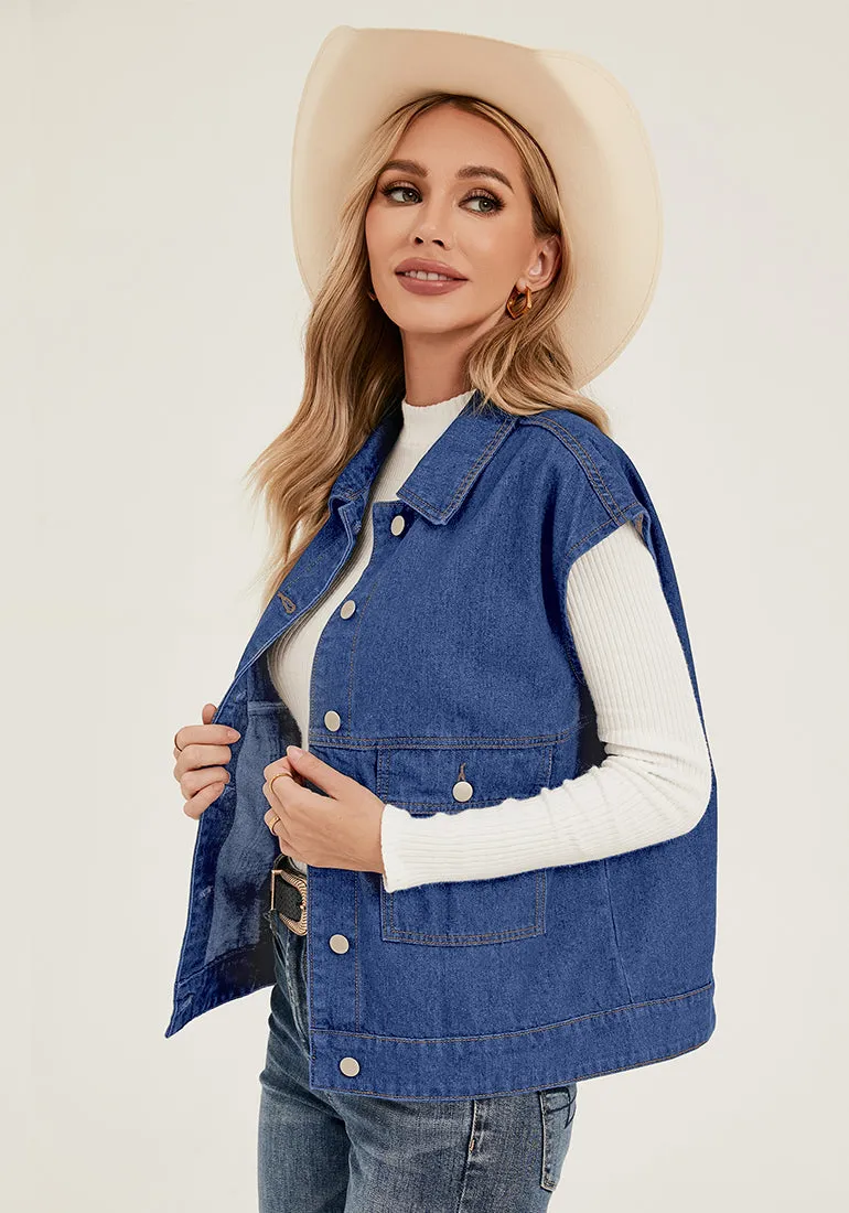 Classic Blue Women's Casual Oversized Button Down Sleeveless Jean Jacket with Pockets