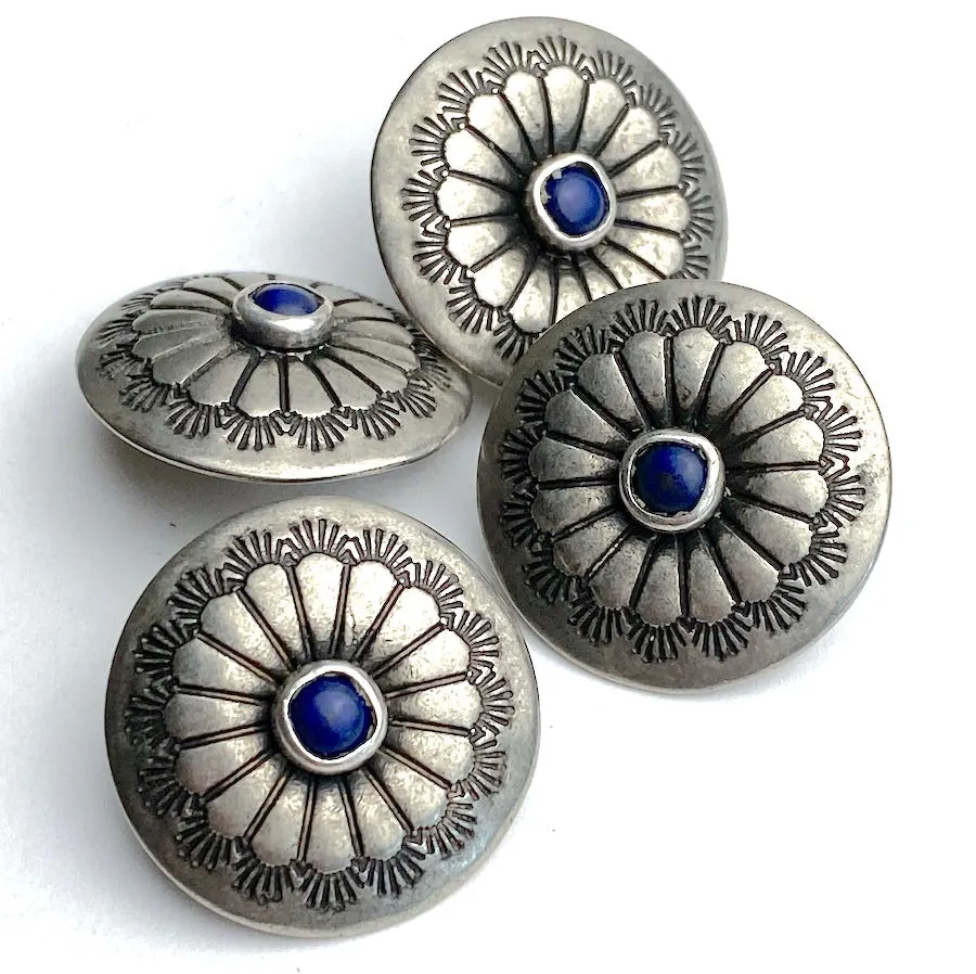 Concho Sunflower Button with "Lapis" Stone, Nickel Silver 13/16"   #SW-223