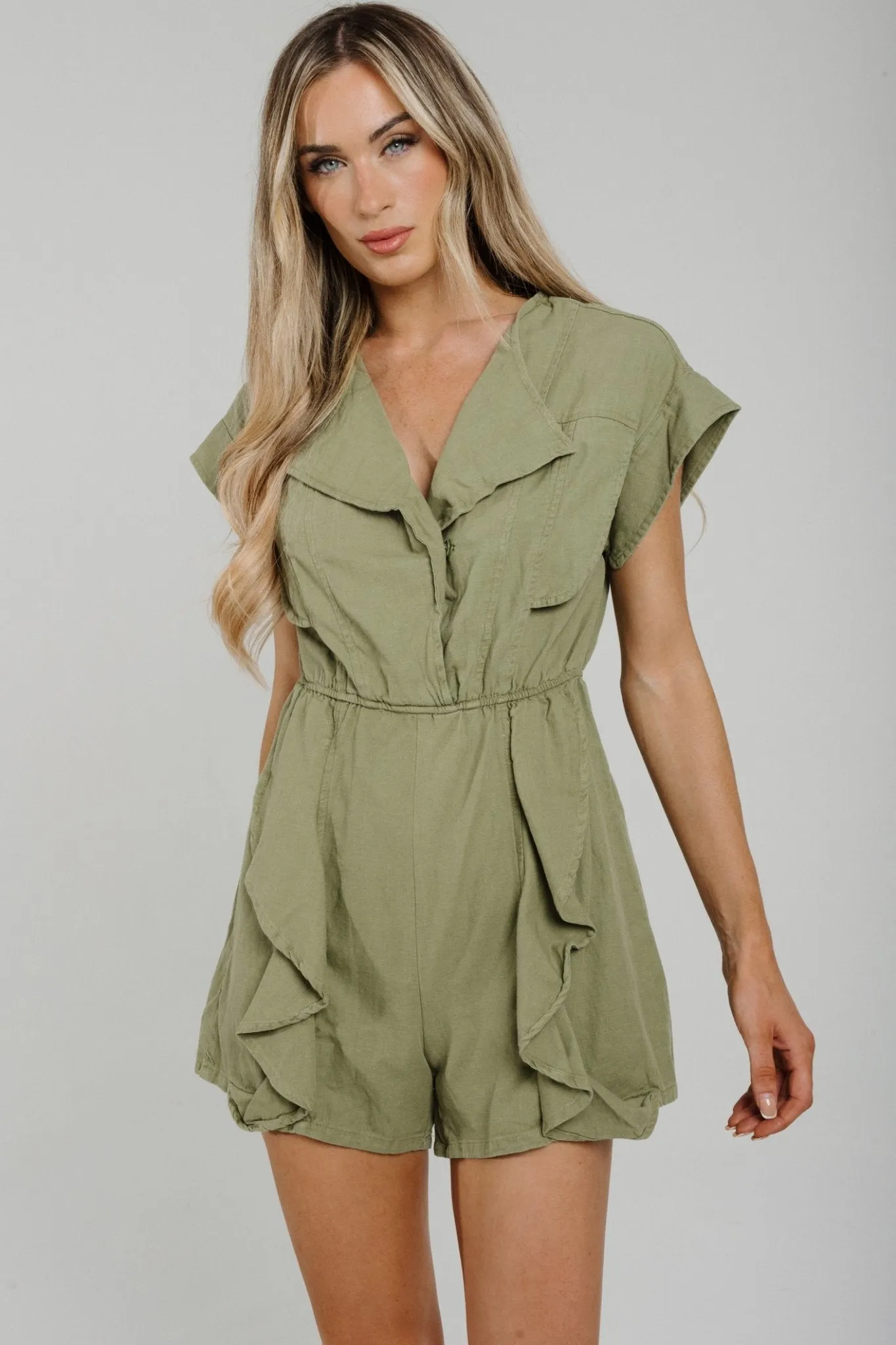 Cora Frill Detail Playsuit In Khaki