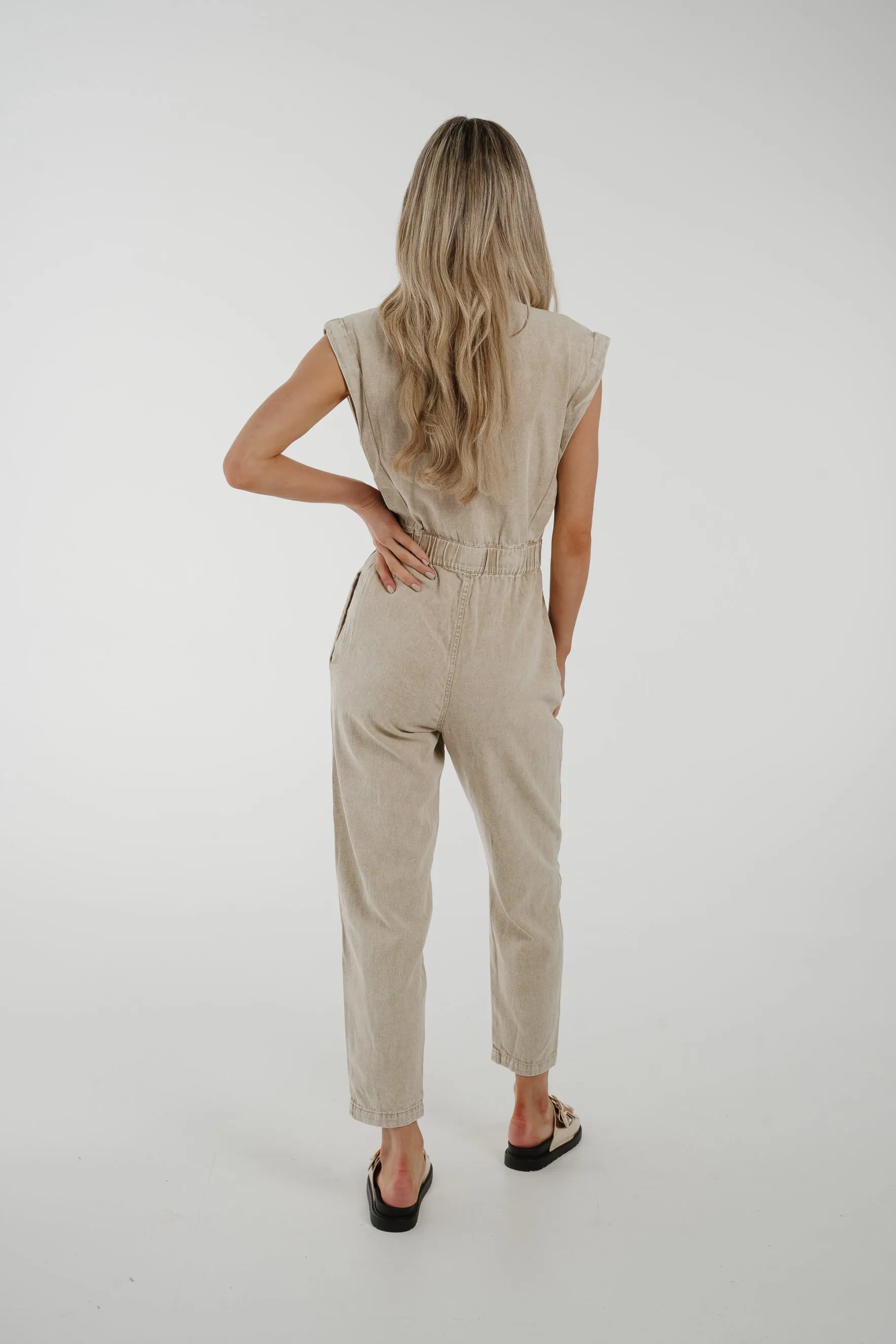 Cora Sleeveless Denim Jumpsuit In Beige