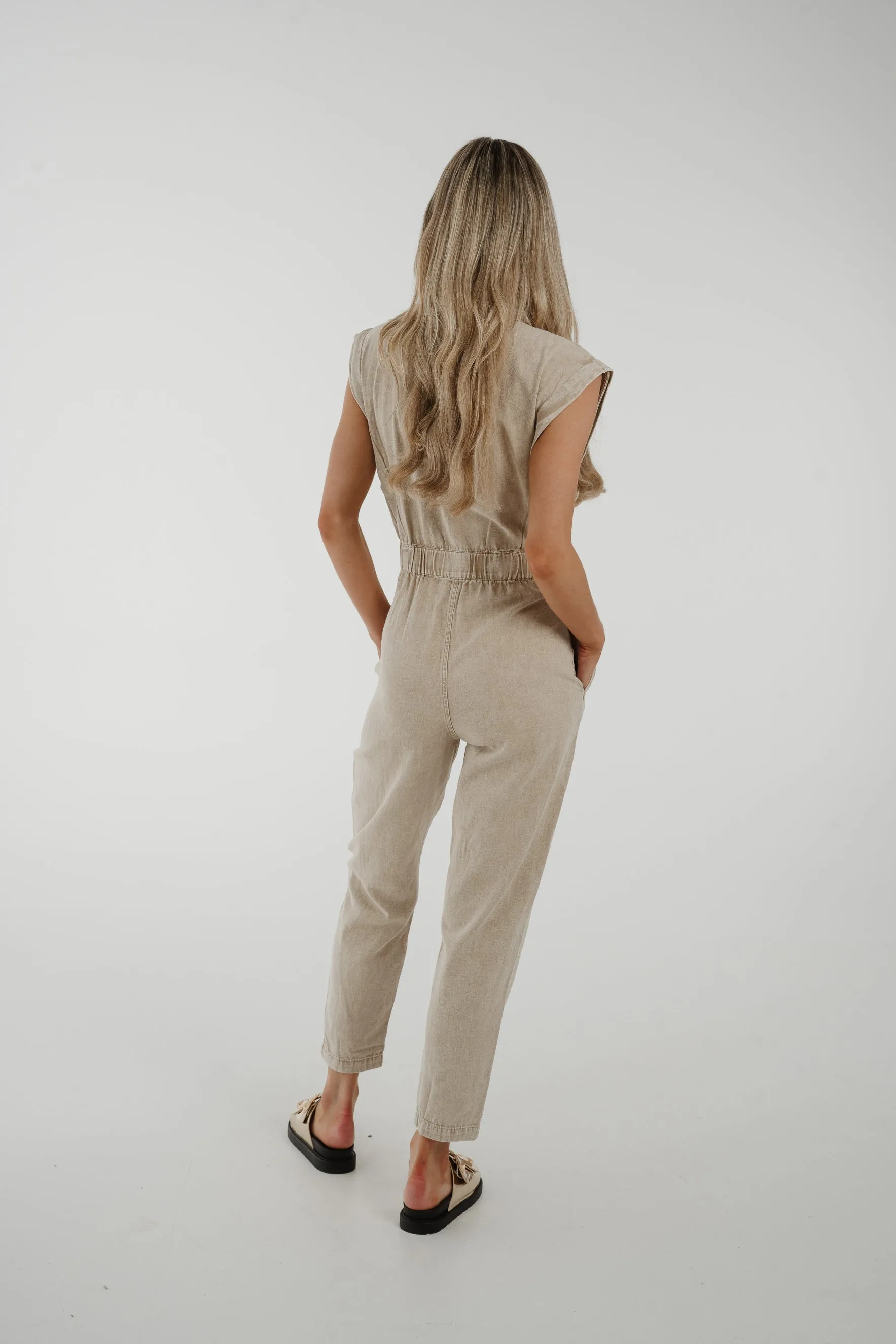 Cora Sleeveless Denim Jumpsuit In Beige