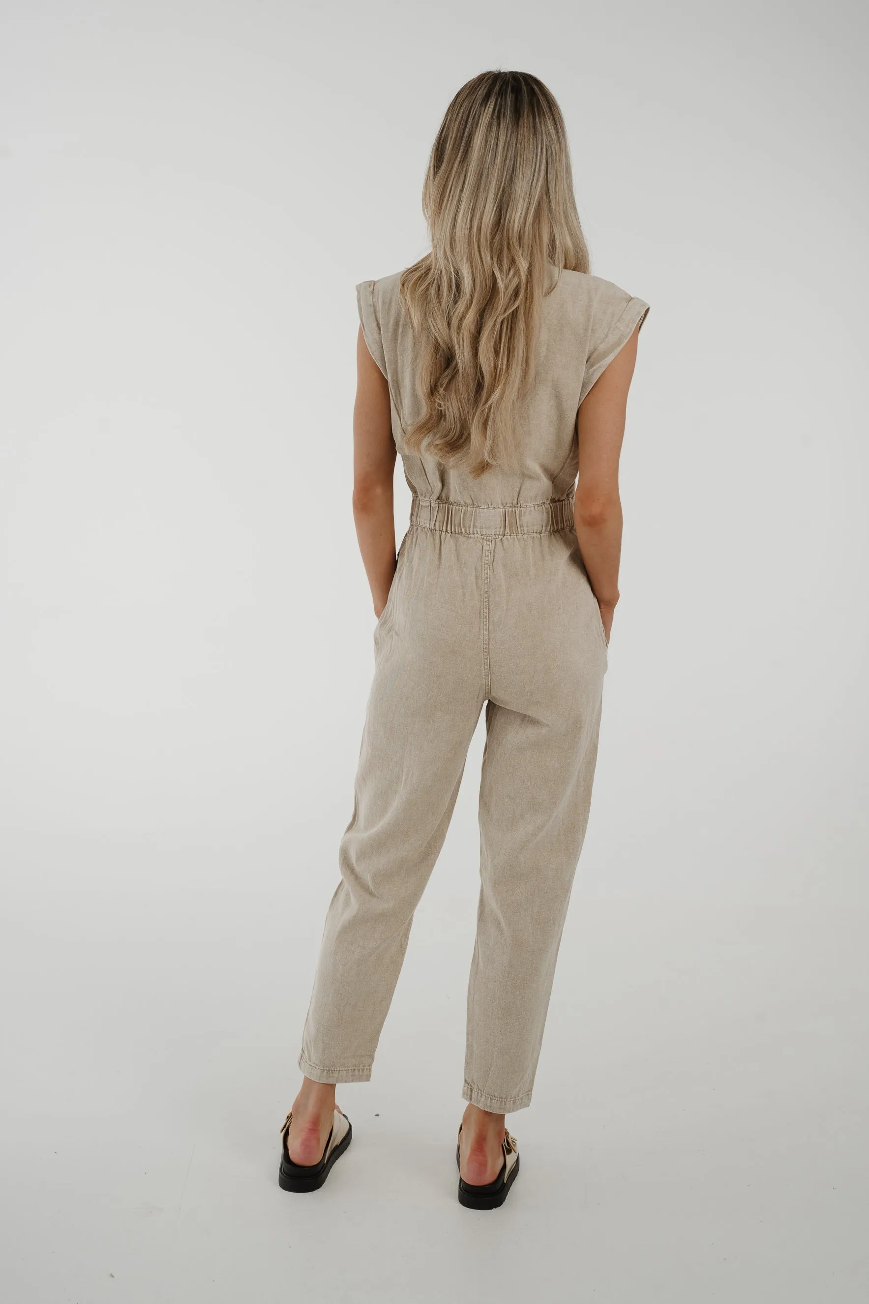 Cora Sleeveless Denim Jumpsuit In Beige