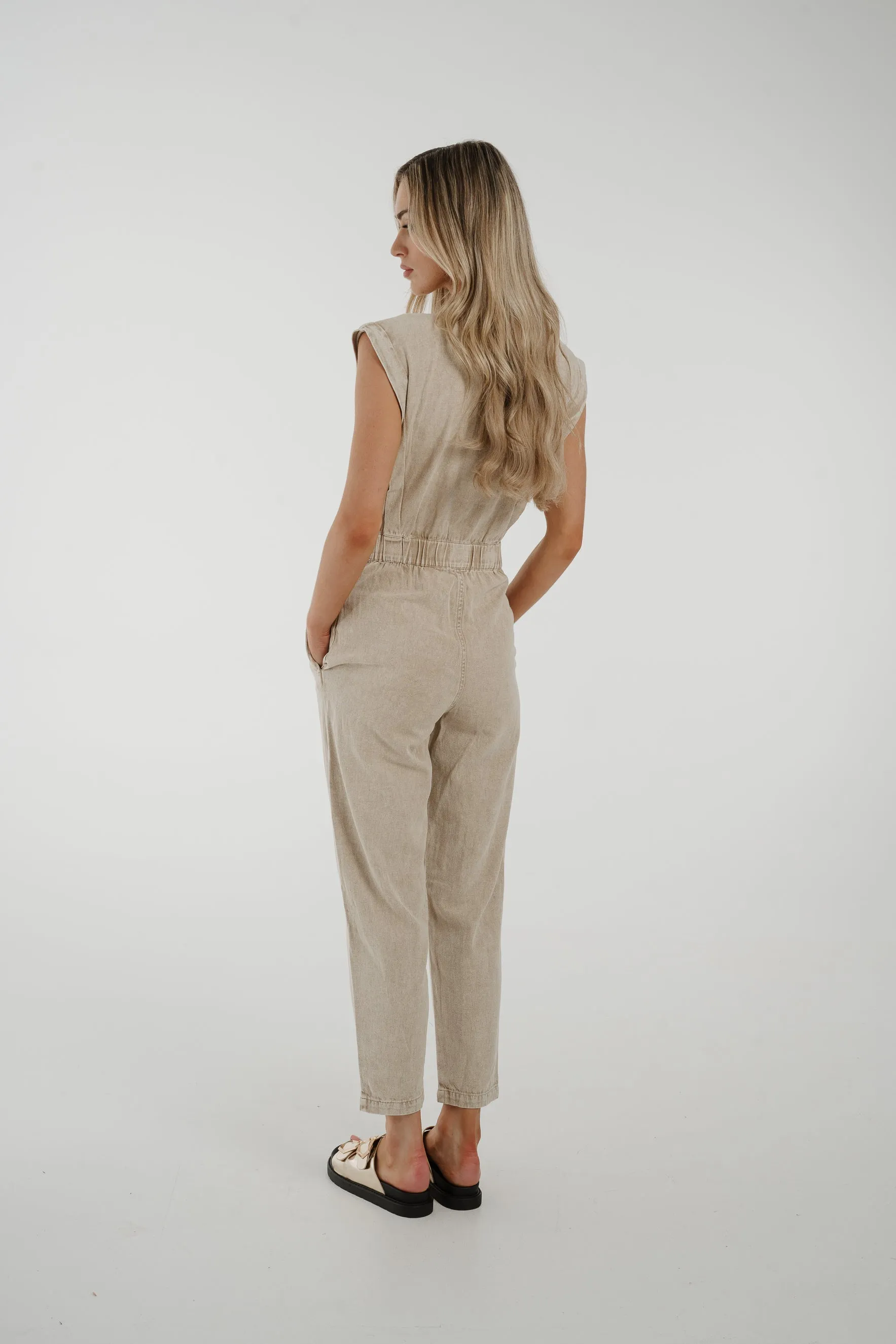 Cora Sleeveless Denim Jumpsuit In Beige