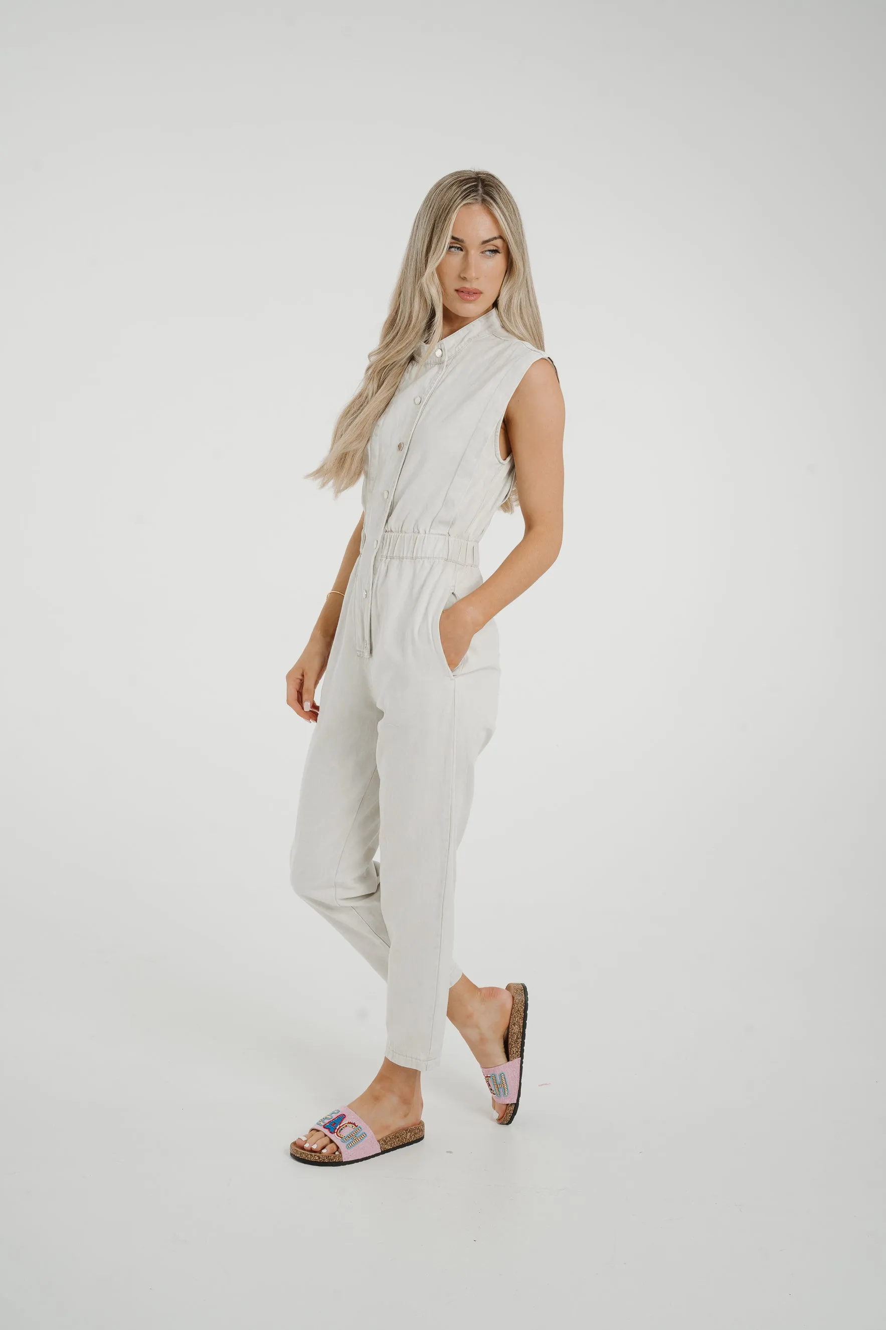 Cora Sleeveless Denim Jumpsuit In Dove Grey