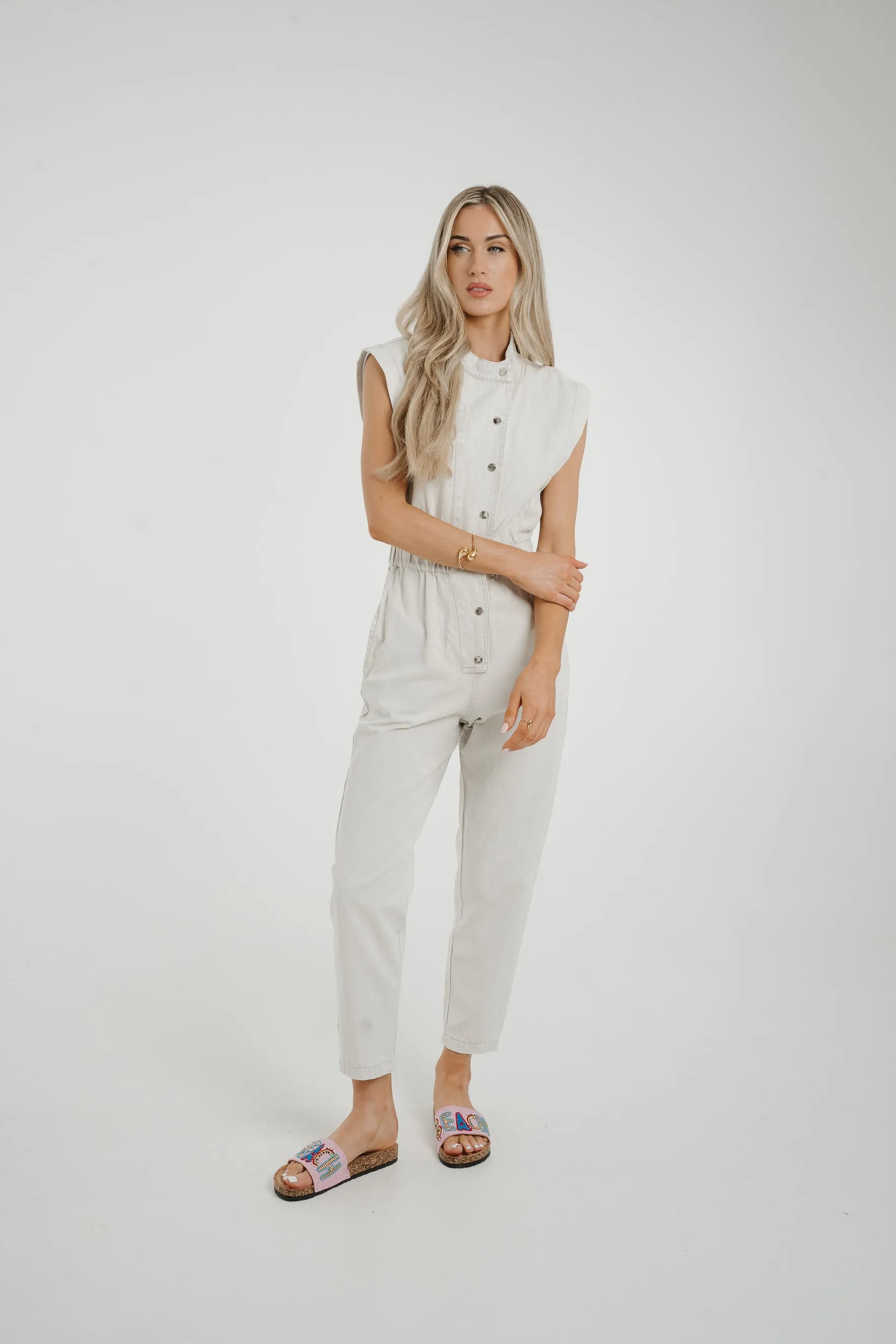 Cora Sleeveless Denim Jumpsuit In Dove Grey