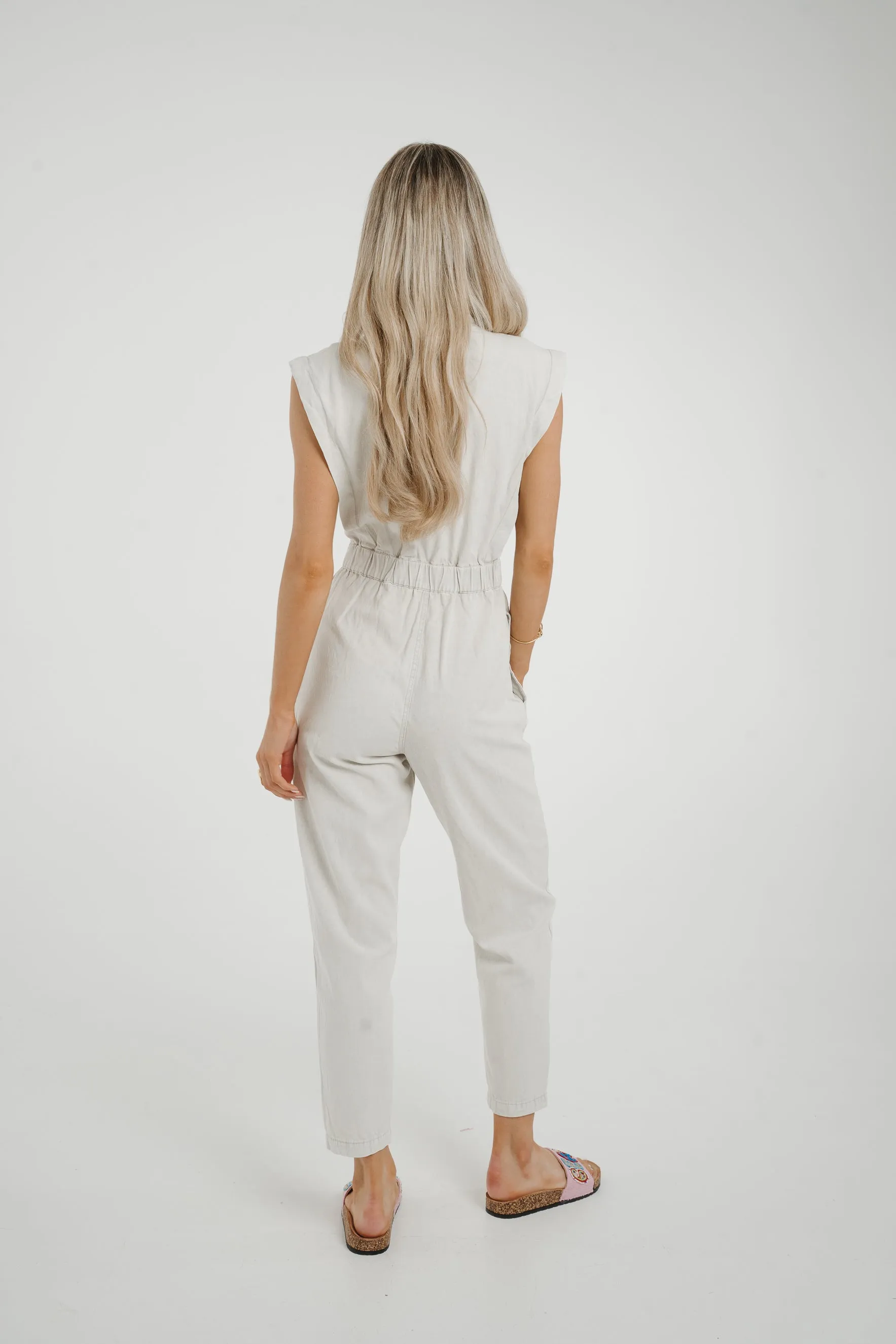 Cora Sleeveless Denim Jumpsuit In Dove Grey