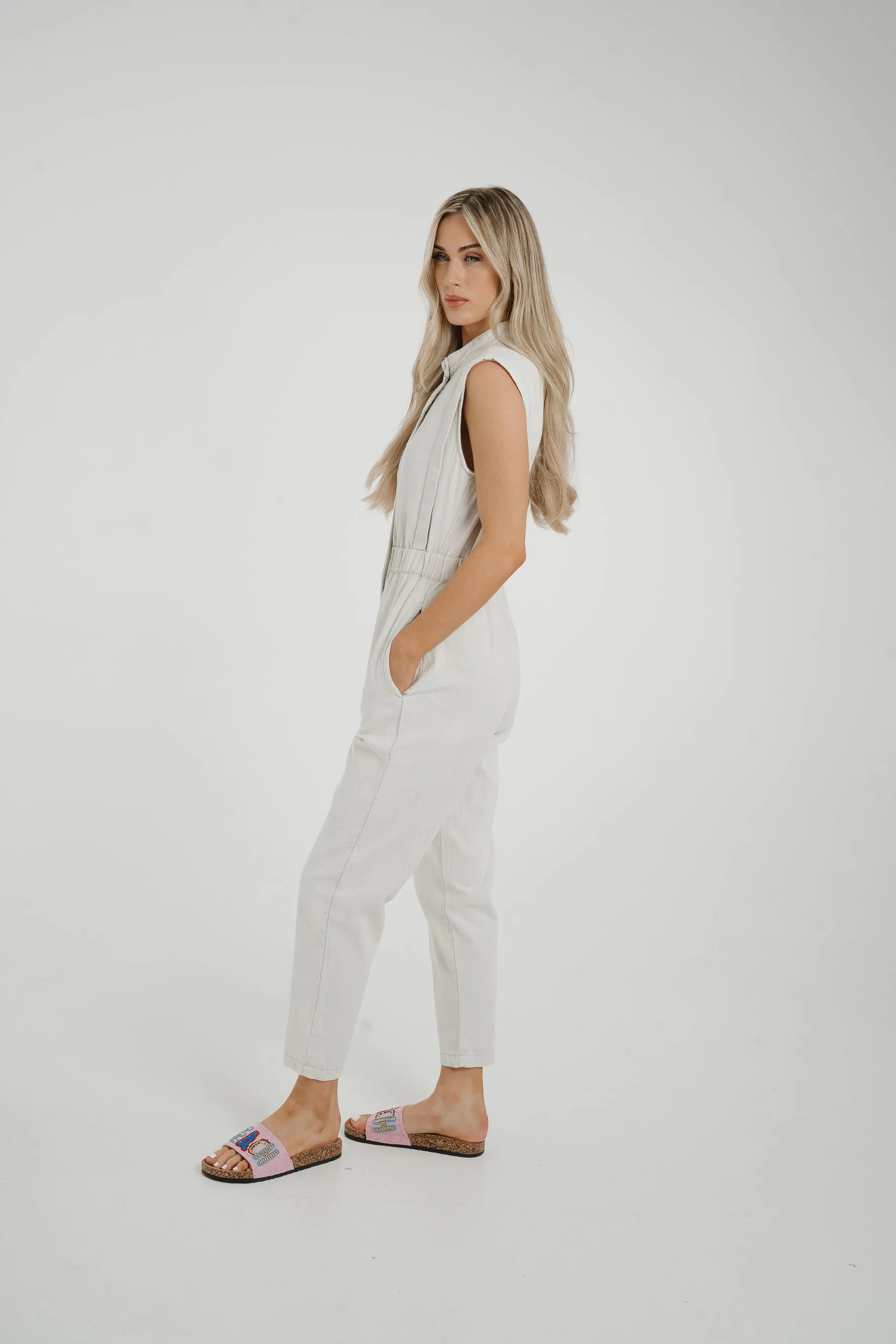 Cora Sleeveless Denim Jumpsuit In Dove Grey