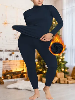 Cozy Plus Size Thermal Underwear Set - Soft Plush Lined High Neck Long Sleeve Top and Solid Color Tights for Cold Fall and Winter Days - Perfect for Curvy Women