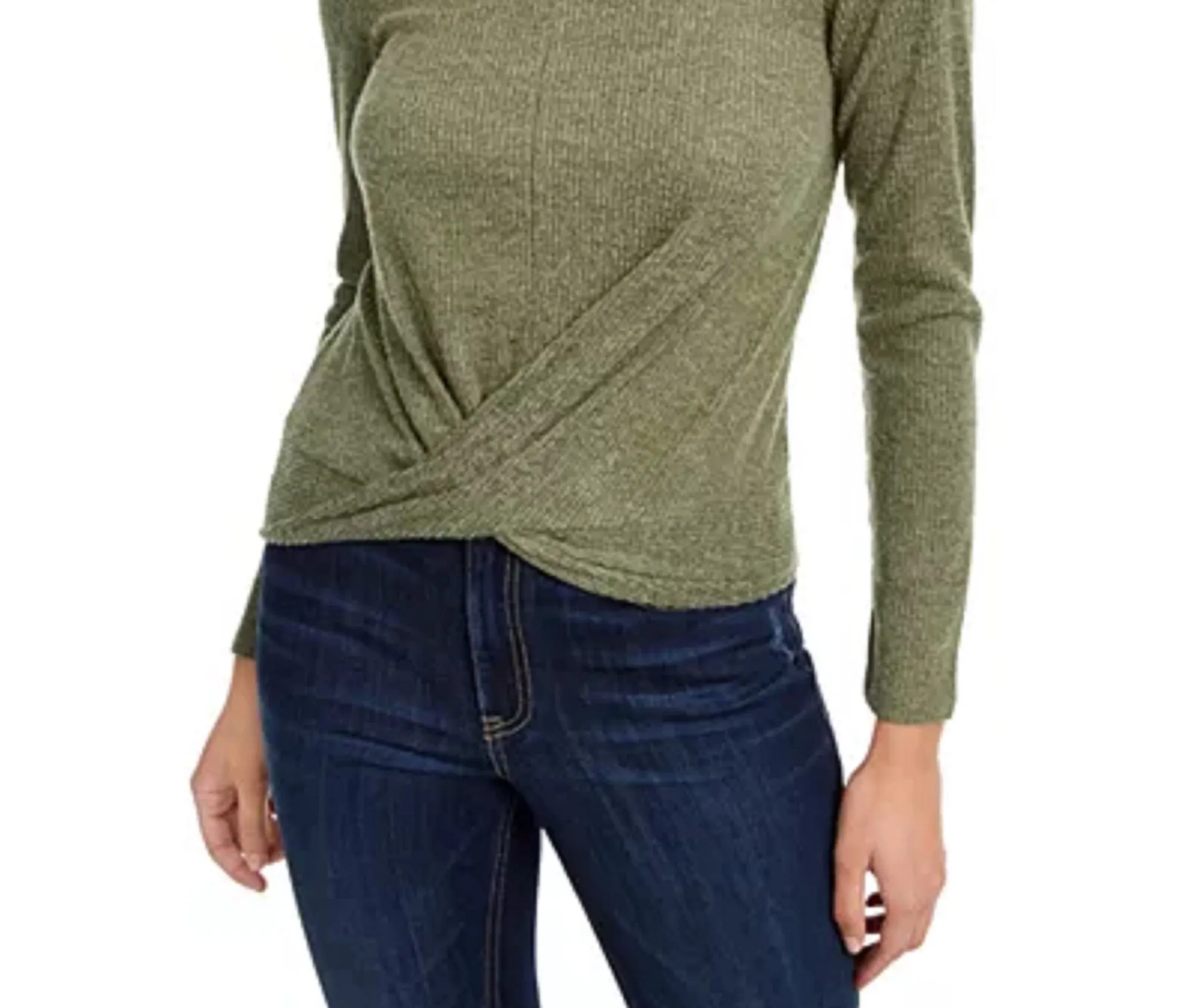 Crave Fame Juniors' Cozy Twist-Front Turtleneck Top Green Size Small