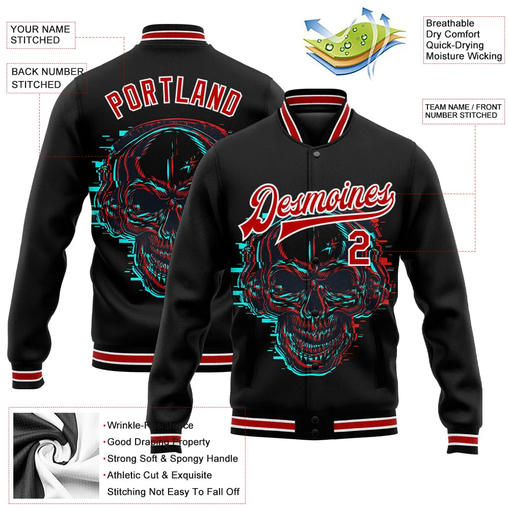 Custom Black Red-White Skull With Headphones 3D Bomber Full-Snap Varsity Letterman Jacket