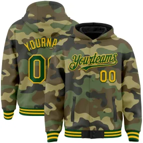 Custom Camo Green-Gold Bomber Full-Snap Varsity Letterman Salute To Service Hoodie Jacket