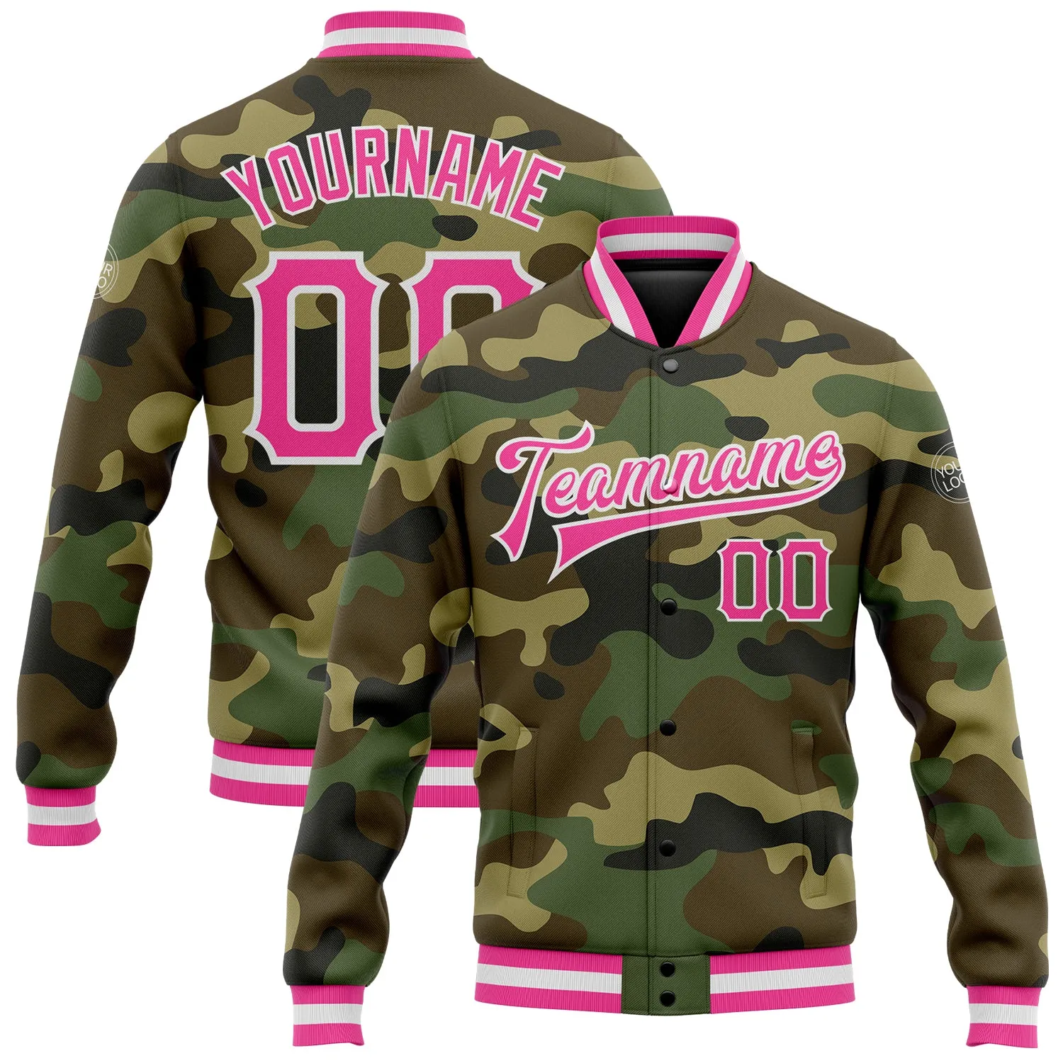 Custom Camo Pink-White Bomber Full-Snap Varsity Letterman Salute To Service Jacket