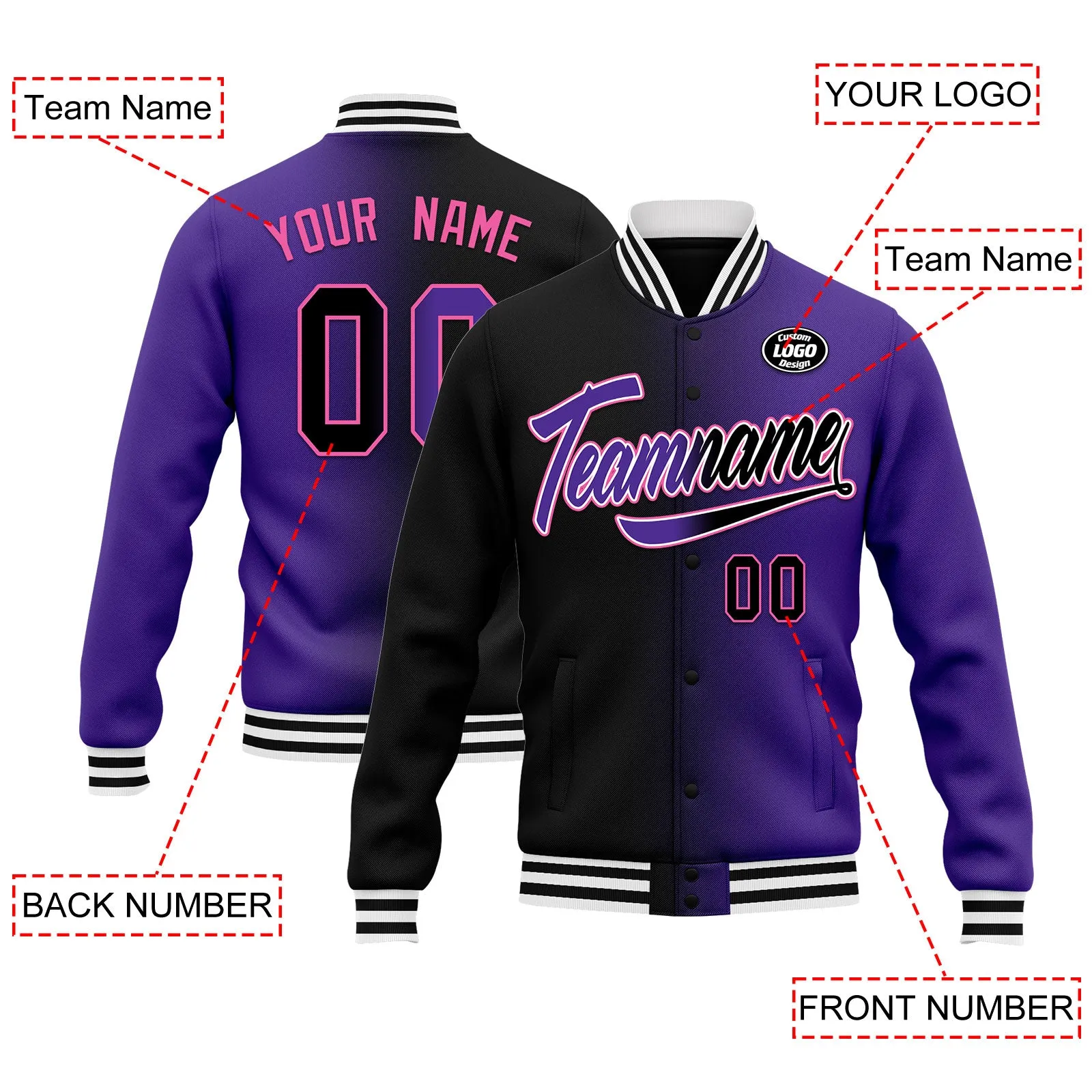 Custom Gradient Fashion Jacket Bomber Full-Snap Varsity Letterman Personalized Jacket FZ005-D028016-12