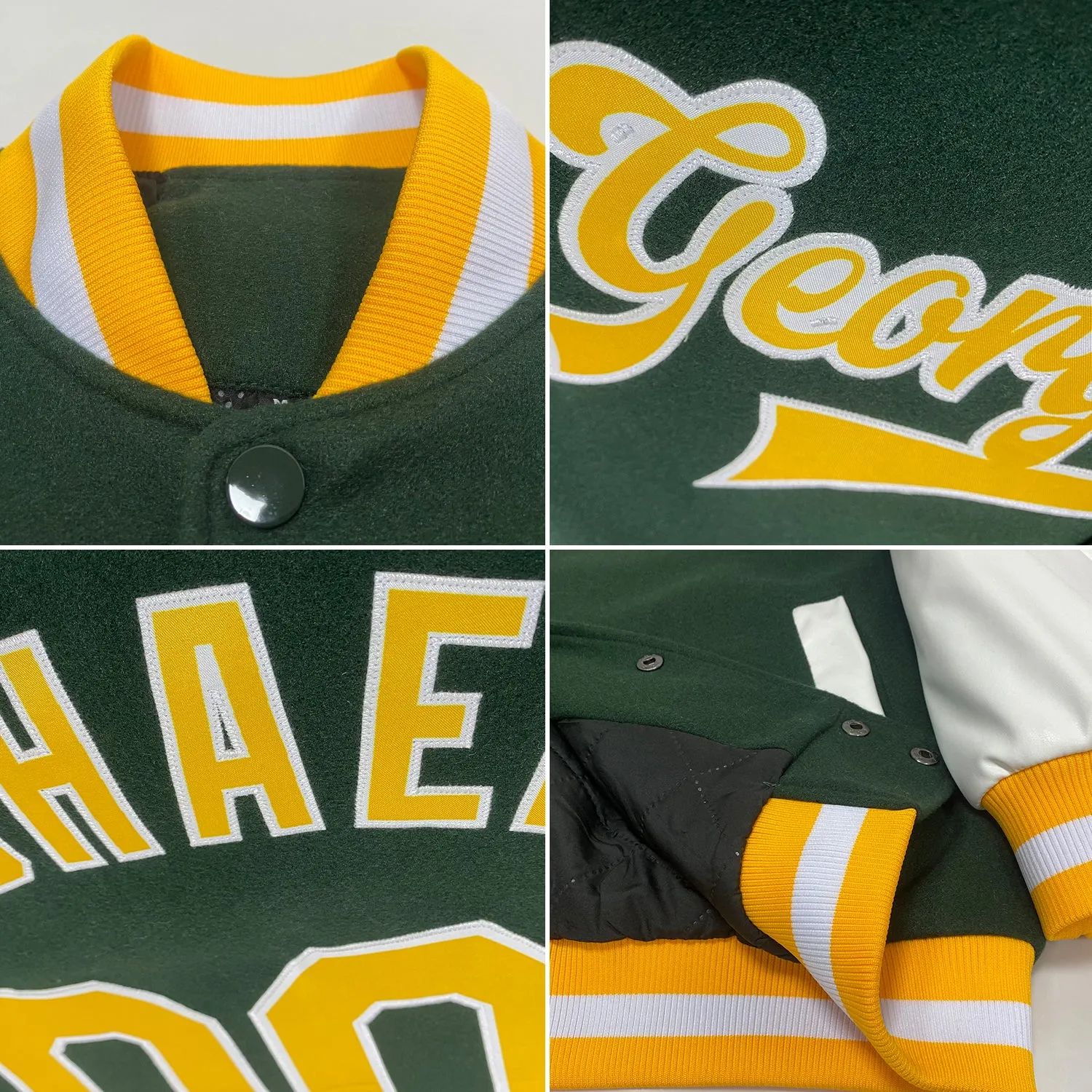 Custom Green Gold-White Bomber Full-Snap Varsity Letterman Two Tone Jacket