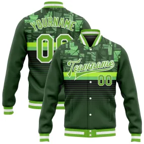 Custom Green Neon Green-White 3D Pattern Design Bomber Full-Snap Varsity Letterman Jacket