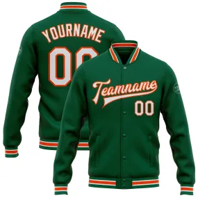 Custom Kelly Green White-Orange Bomber Full-Snap Varsity Letterman Jacket