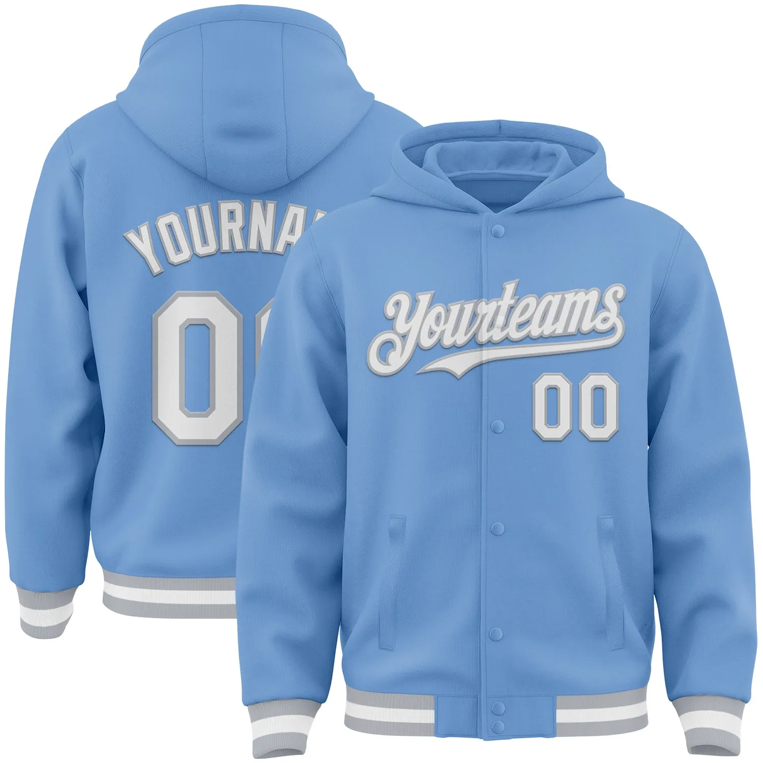 Custom Light Blue White-Gray Bomber Full-Snap Varsity Letterman Hoodie Jacket