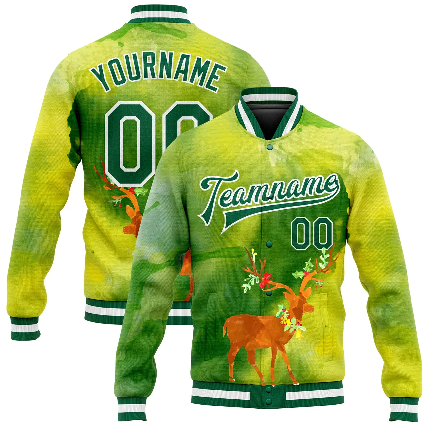 Custom Neon Green Kelly Green-Gold Christmas 3D Bomber Full-Snap Varsity Letterman Jacket