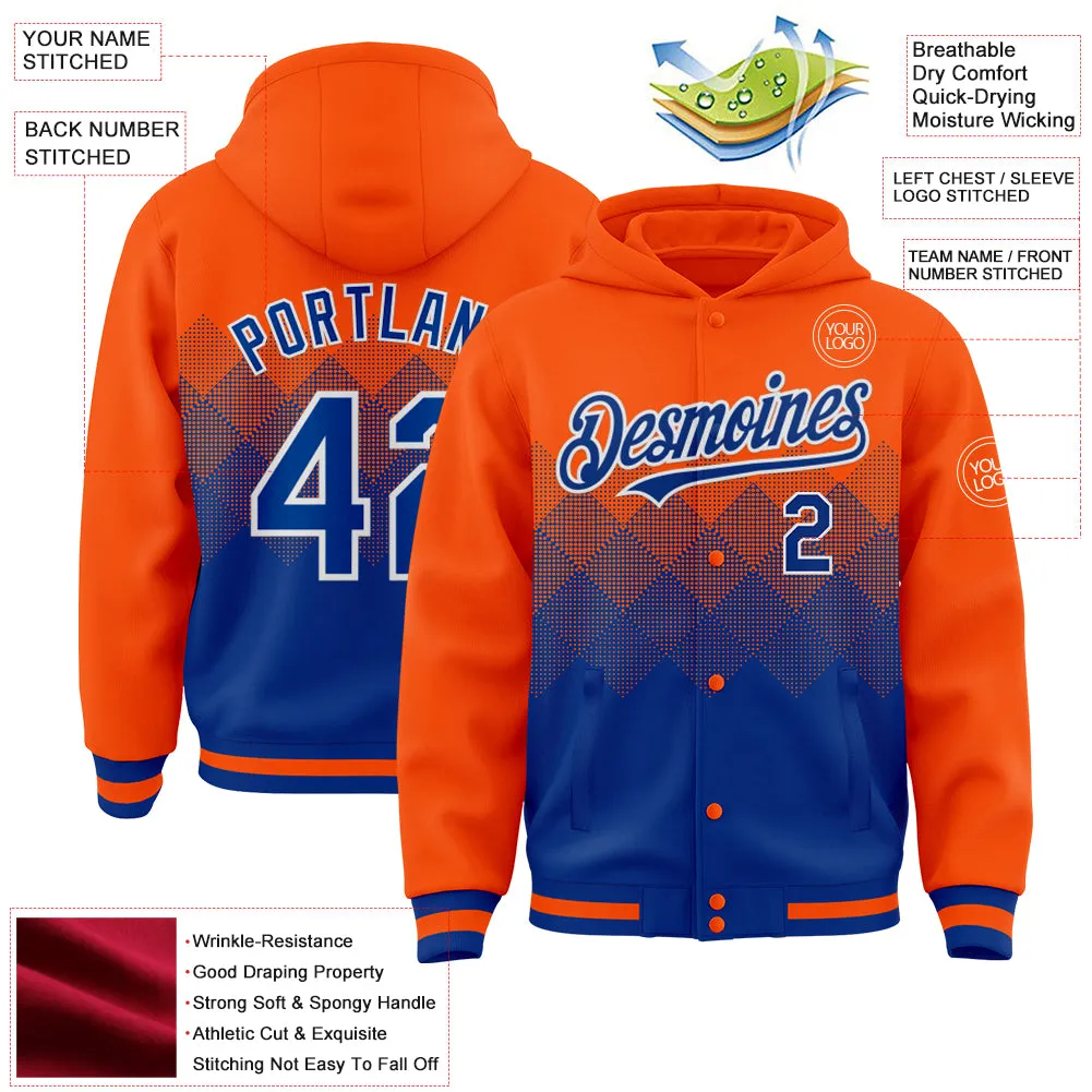 Custom Orange Royal-White Gradient Square Shape 3D Pattern Design Bomber Full-Snap Varsity Letterman Hoodie Jacket