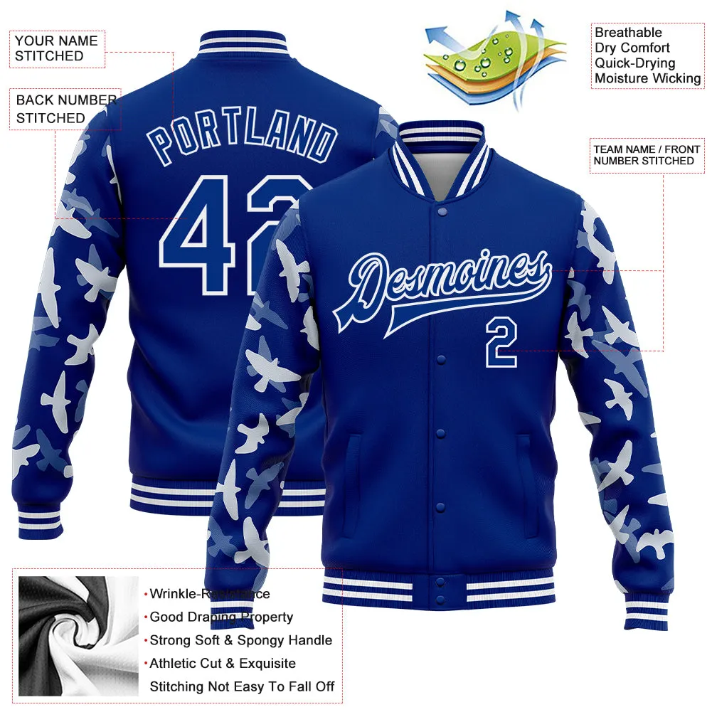 Custom Royal White Flying Bird Sleeves 3D Pattern Design Bomber Full-Snap Varsity Letterman Jacket