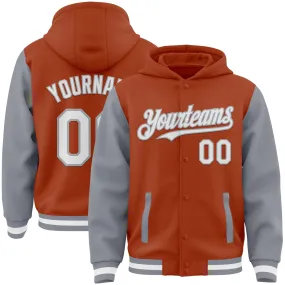 Custom Texas Orange White-Gray Bomber Full-Snap Varsity Letterman Two Tone Hoodie Jacket