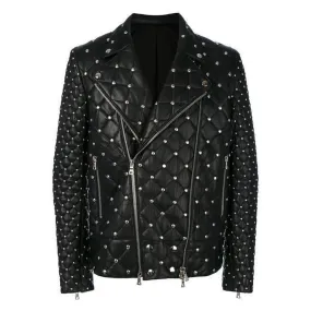 Customized Silver Studded Fashion Leather Jacket Men