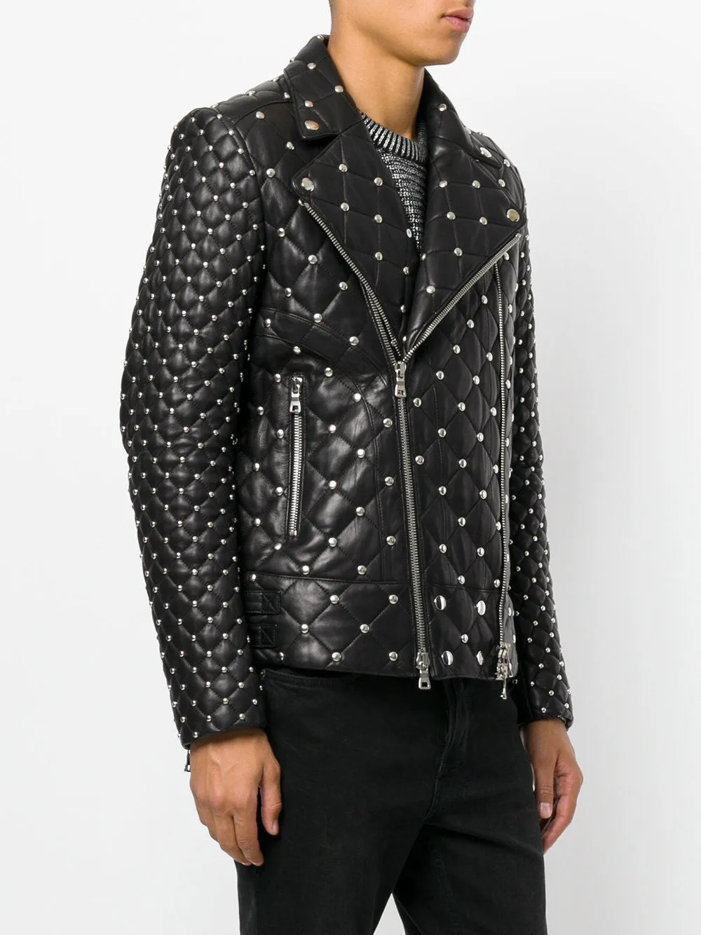 Customized Silver Studded Fashion Leather Jacket Men