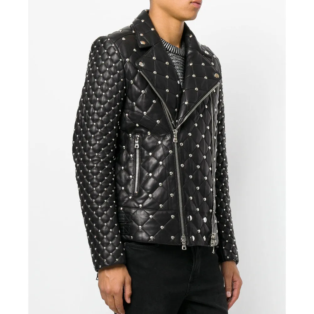 Customized Silver Studded Fashion Leather Jacket Men