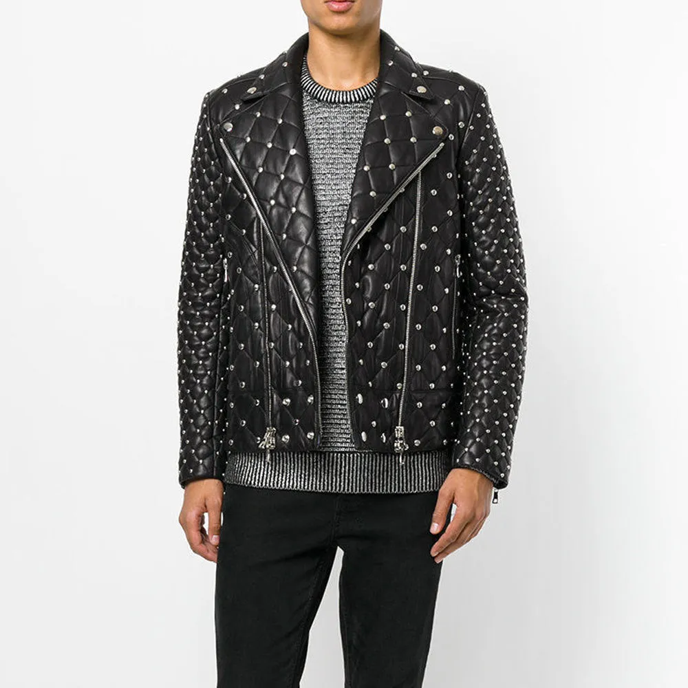 Customized Silver Studded Fashion Leather Jacket Men