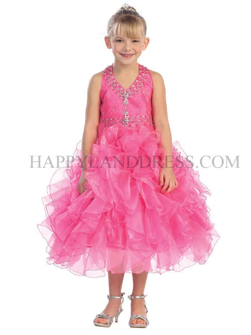 D5596 Rhinestone Halterneck Ruffle Dress (4 Diff. Colors)