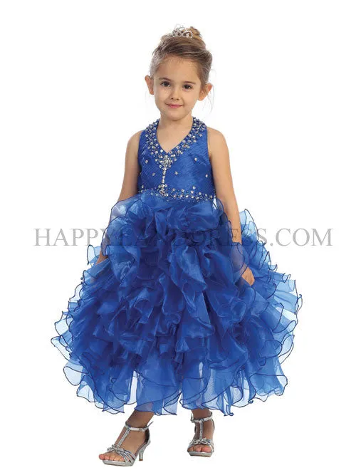 D5596 Rhinestone Halterneck Ruffle Dress (4 Diff. Colors)