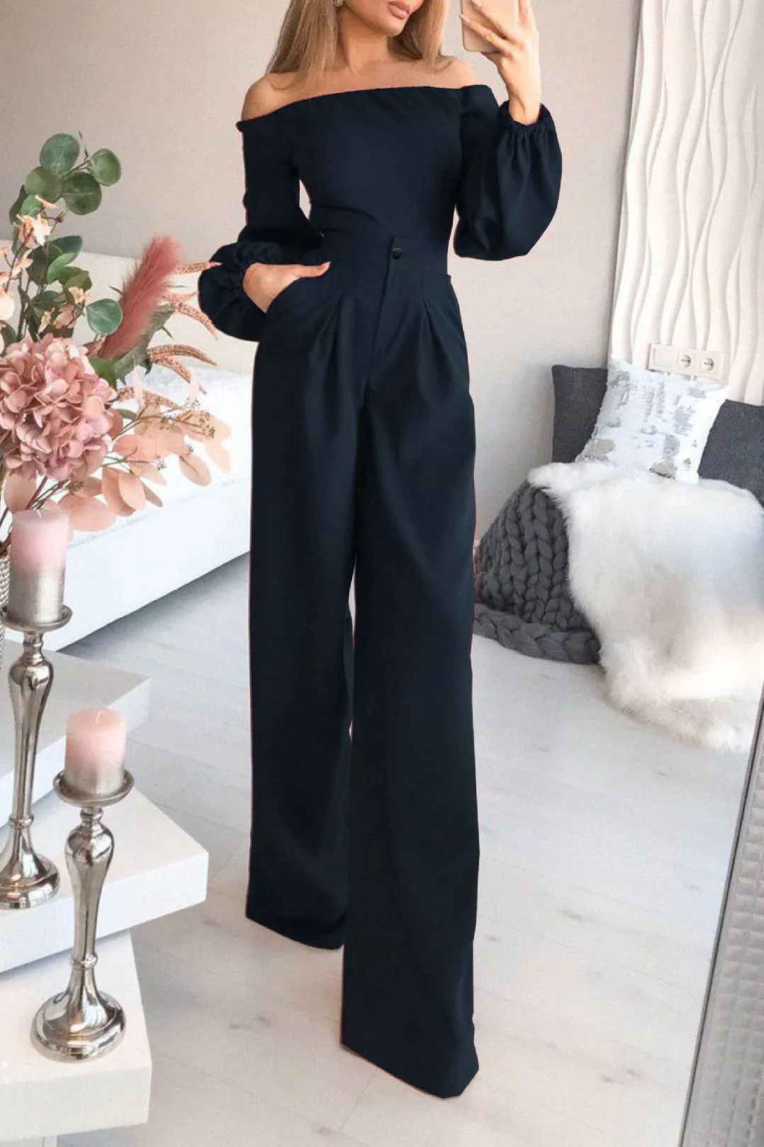 Dark Green Off-the-Shoulder Long Sleeve Jumpsuit