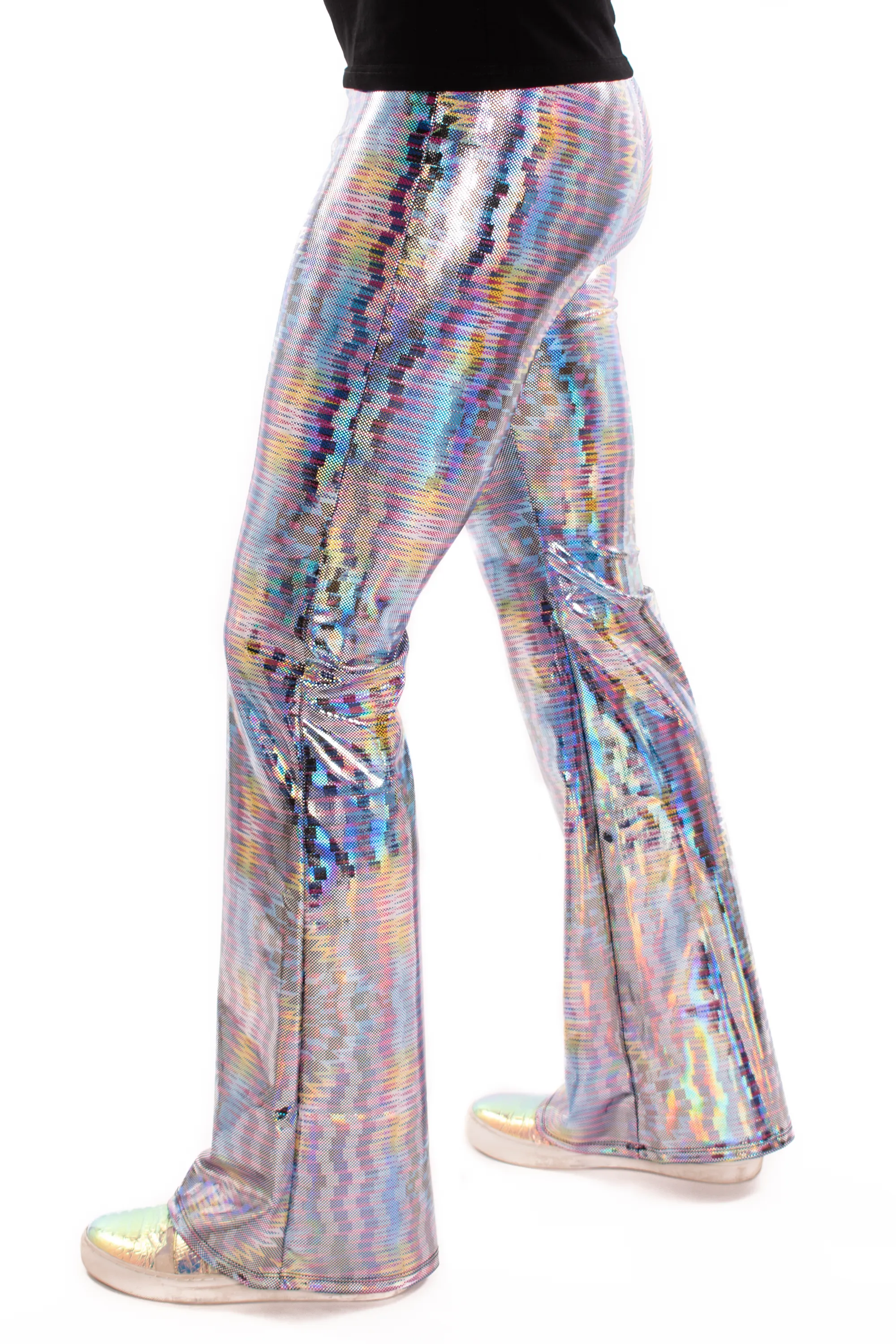 Dazzle Blue: UV Blacklight Reactive Men's Holographic Flared Pants - Trippy Bell Bottoms